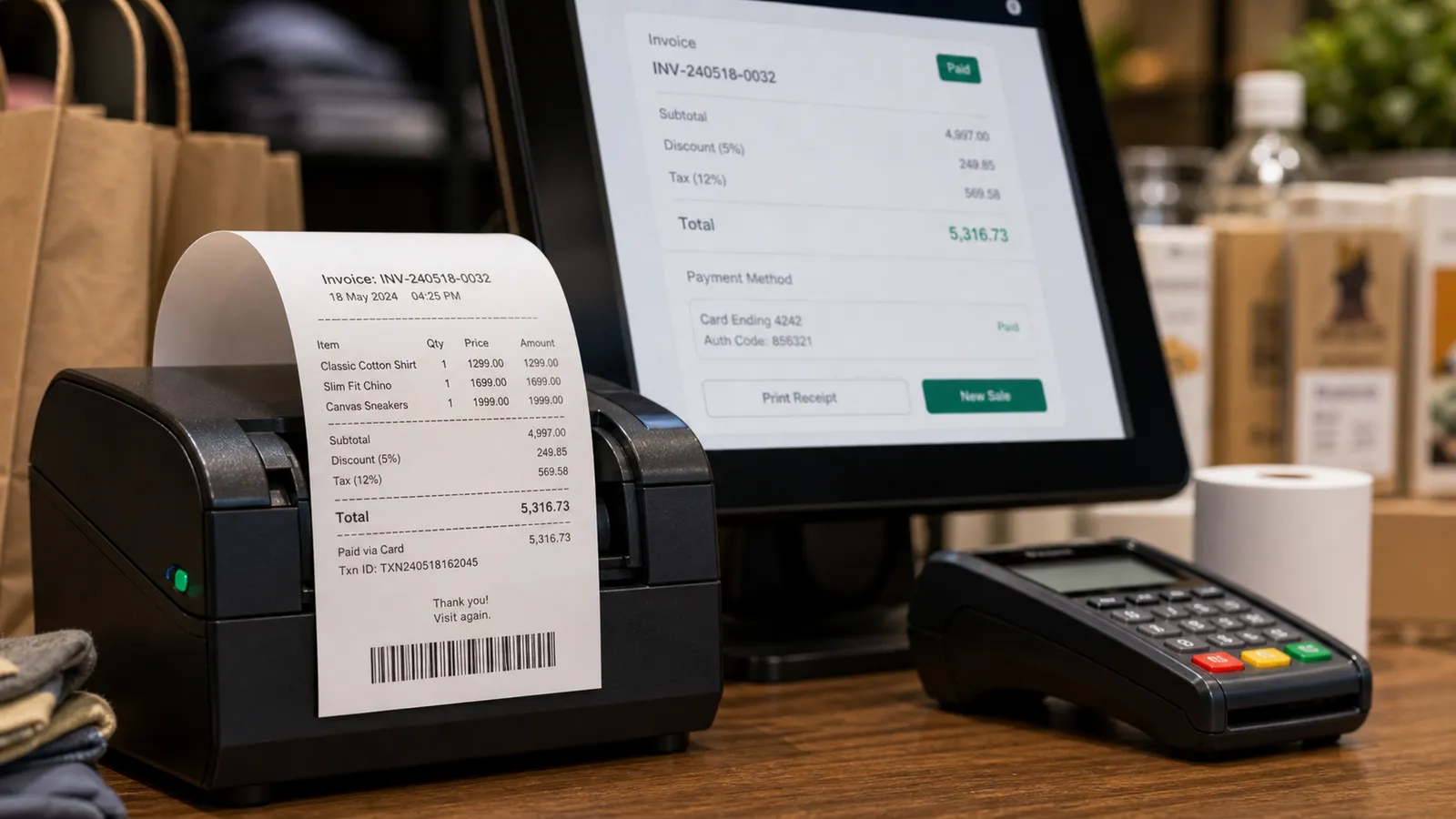 Thermal receipt printer at the billing counter printing a paid Folio invoice
