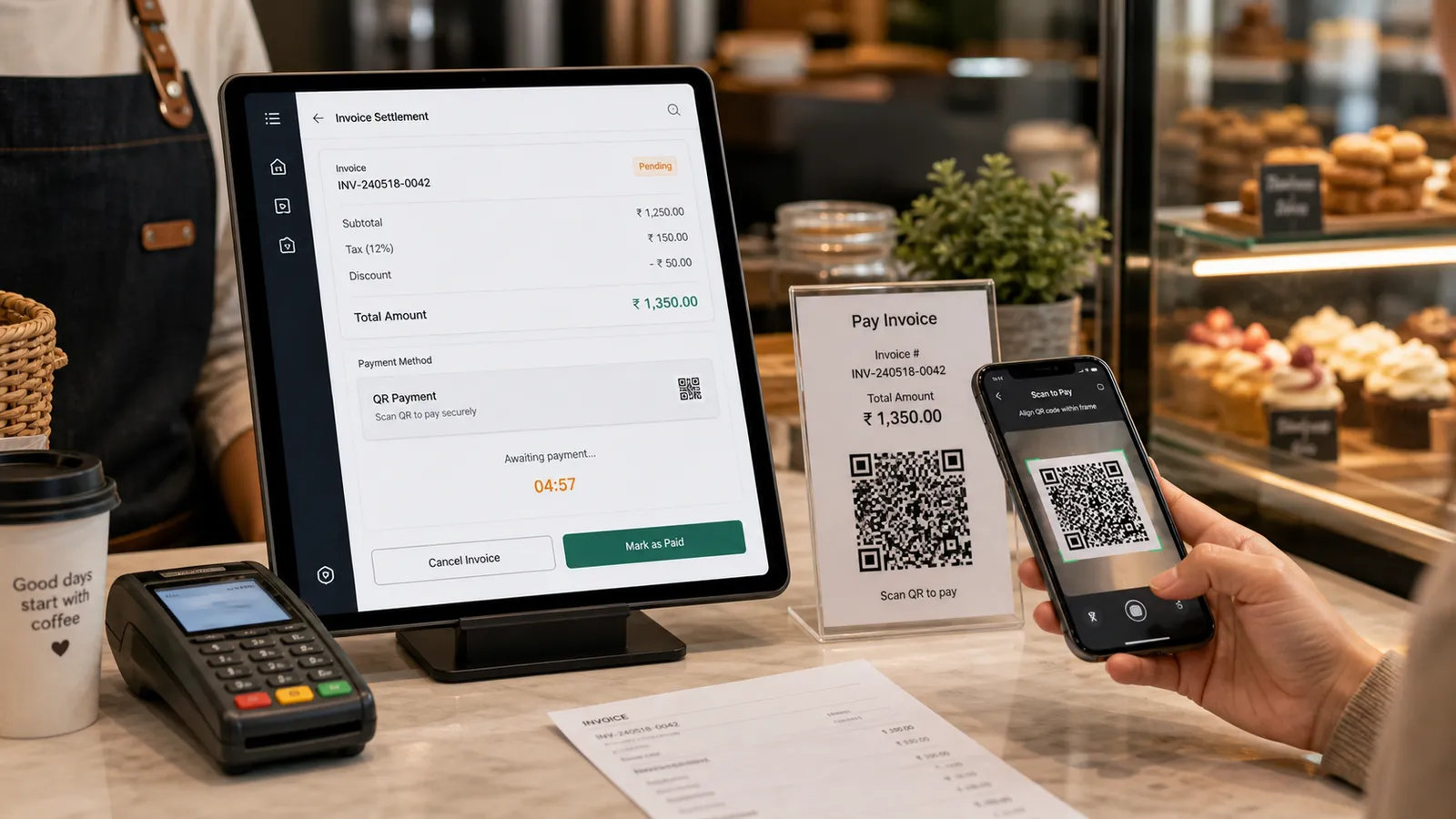 Café customer scanning a UPI QR tent card with a phone while the Folio bill shows on a tablet
