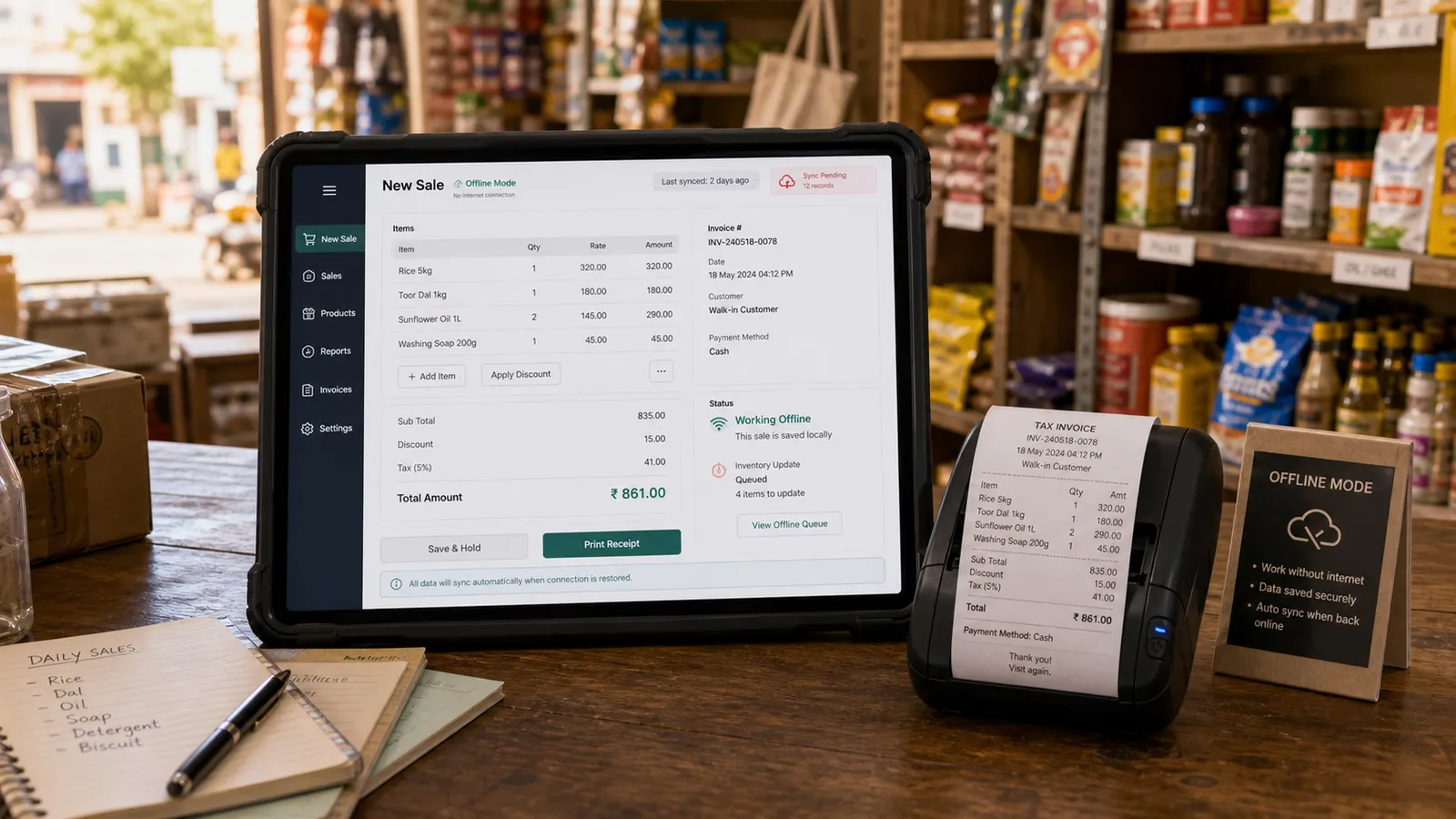 Kirana counter billing offline on a Folio tablet with a battery receipt printer