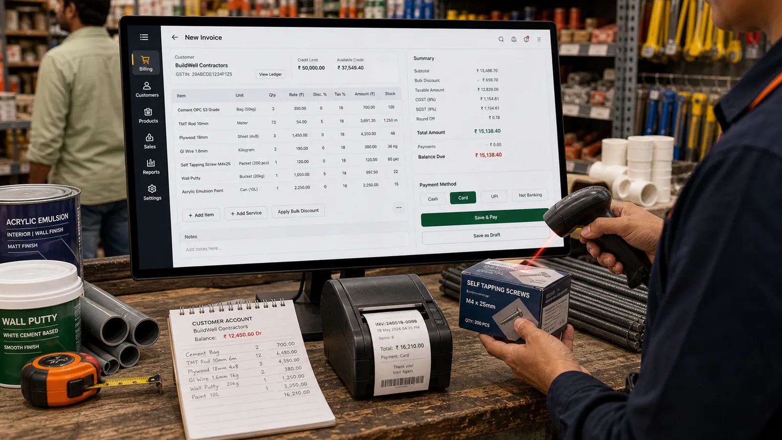 Contractor's box of screws being scanned at a hardware counter running Folio