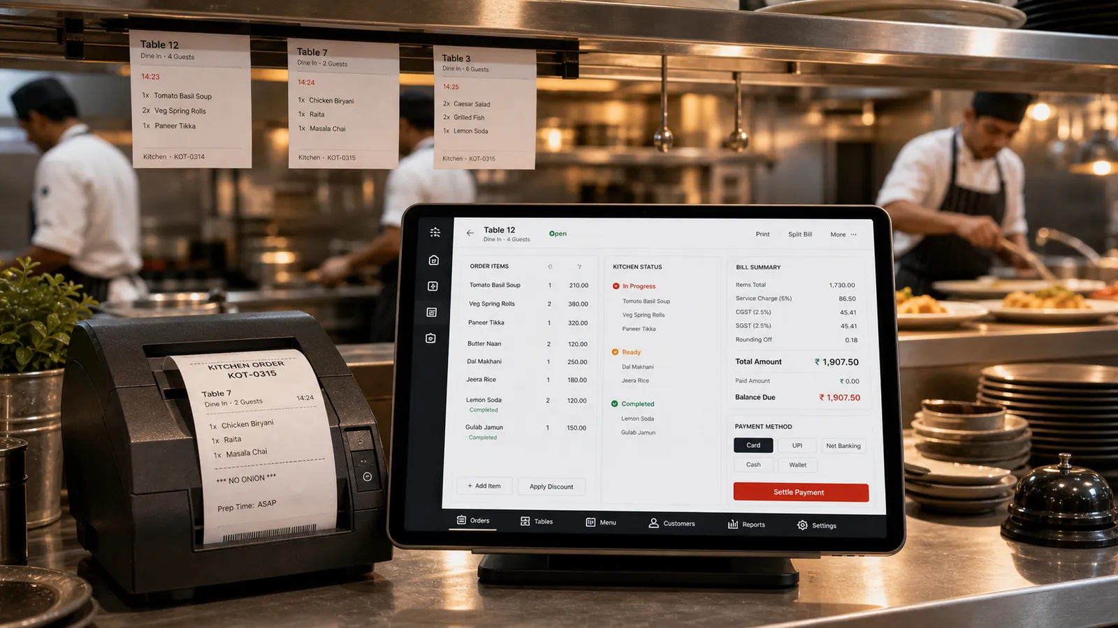 KOT printing in the kitchen as the Folio order screen lists running tables