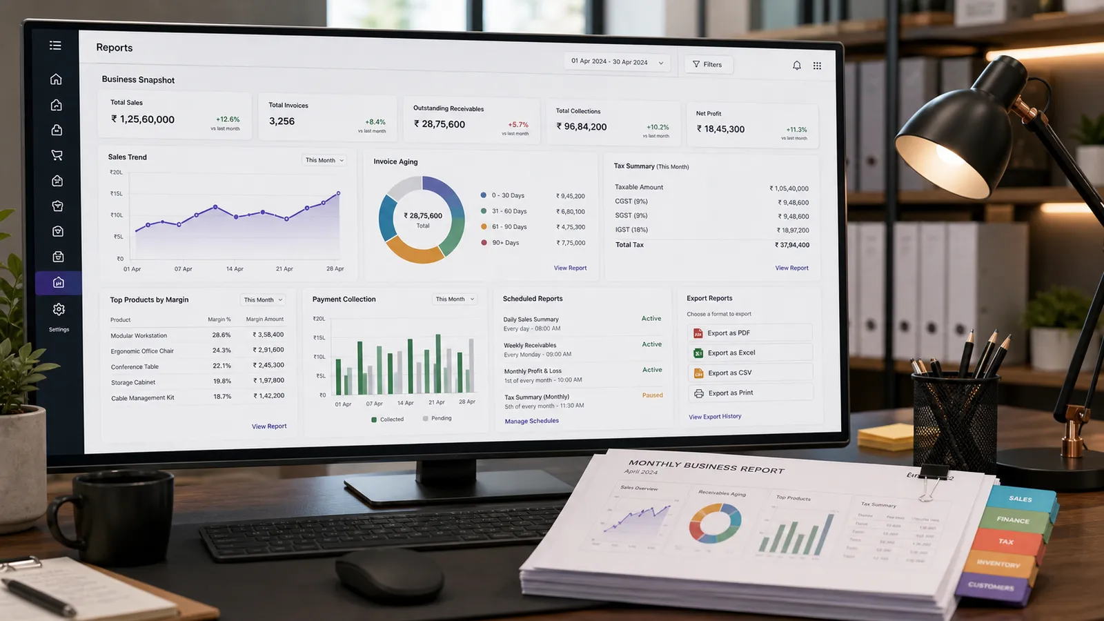 Folio reports dashboard beside a stack of printed monthly business reports on the desk
