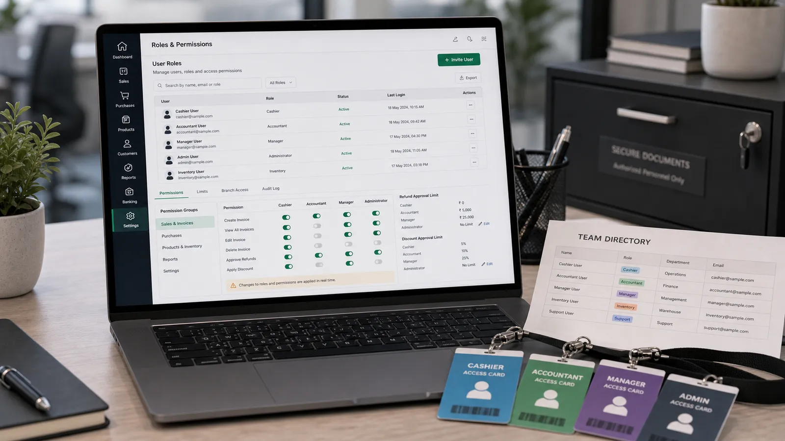 Folio roles and permissions screen beside a printed team directory card