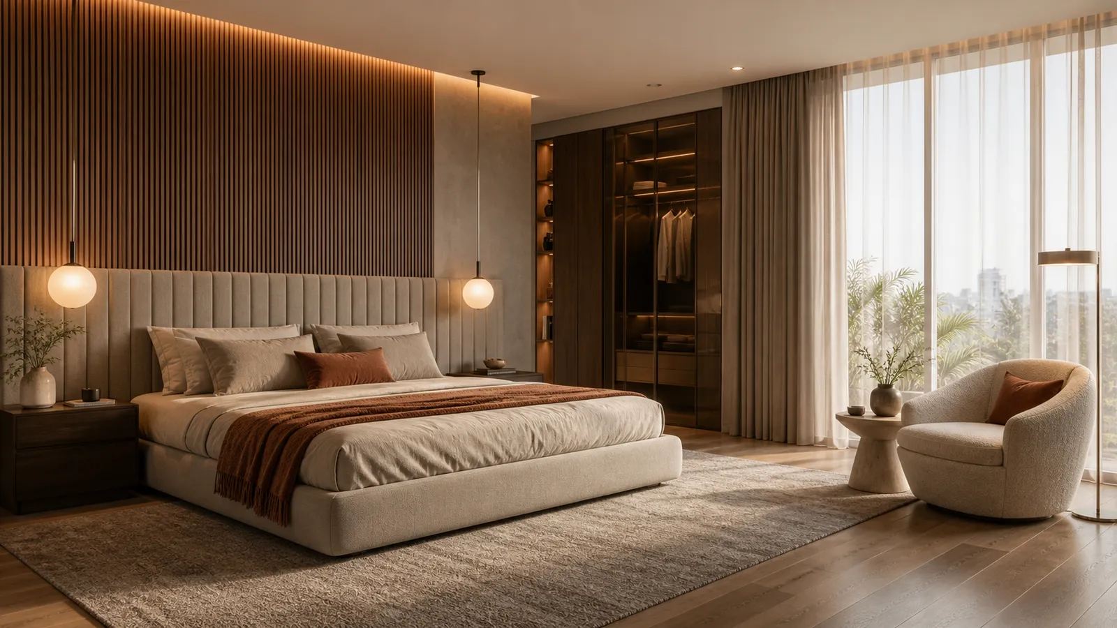 Calm bedroom in plaster and oak