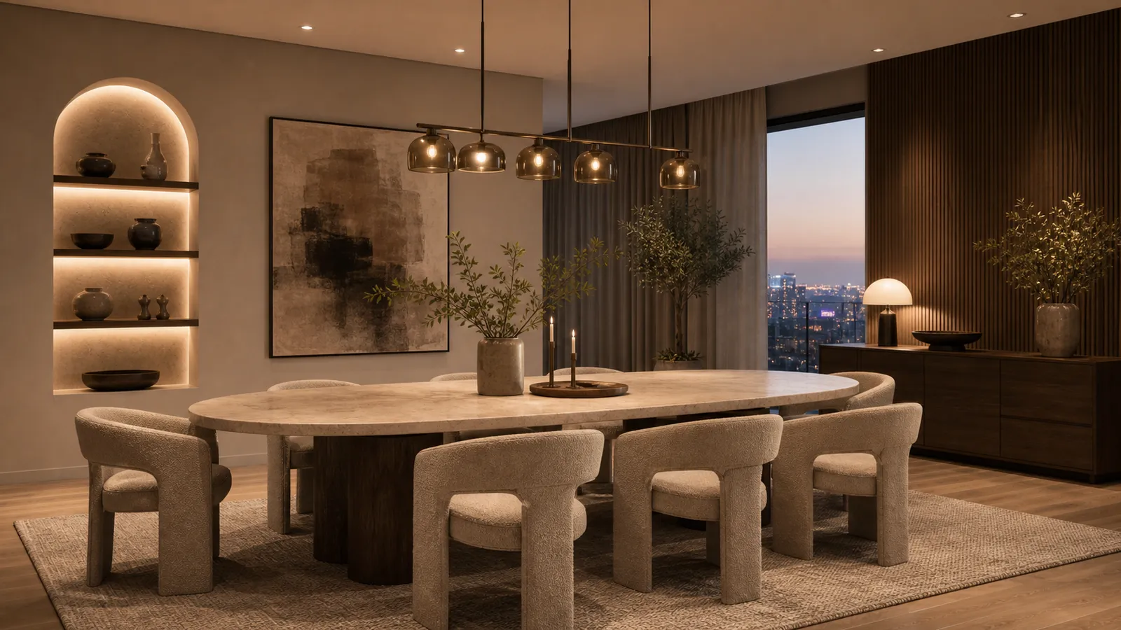 Elegant dining room in warm wood