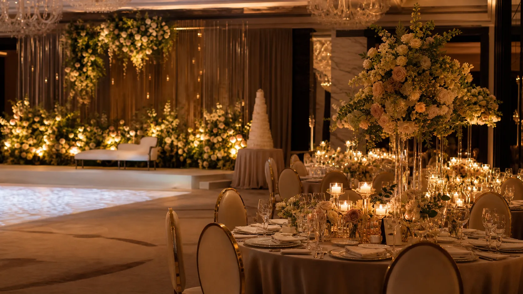 A champagne-and-candle ballroom reception laid out in a palace hall