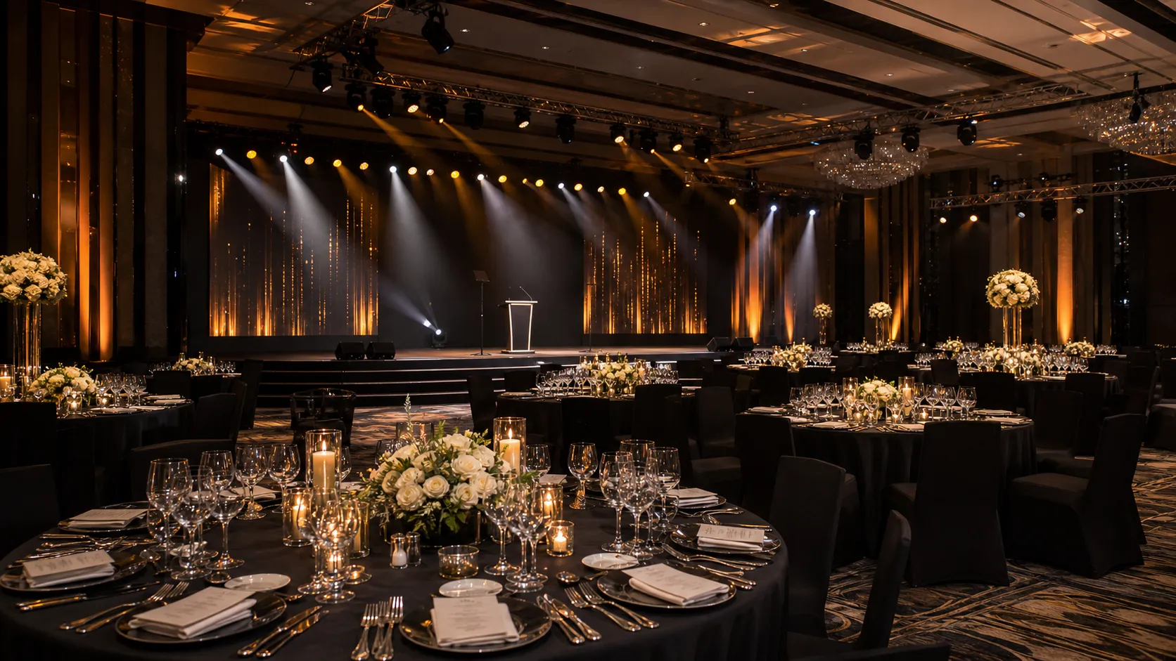An awards gala ballroom, black linen and beams of light over an empty stage