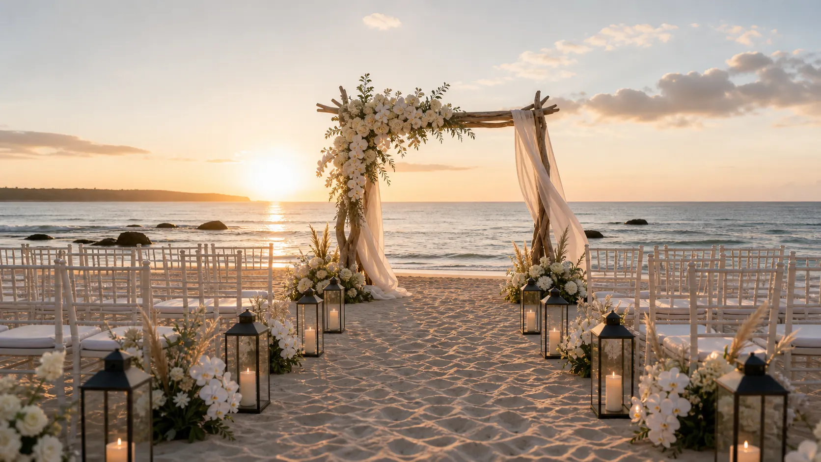 A beach ceremony at sunset, a floral arch on pale sand
