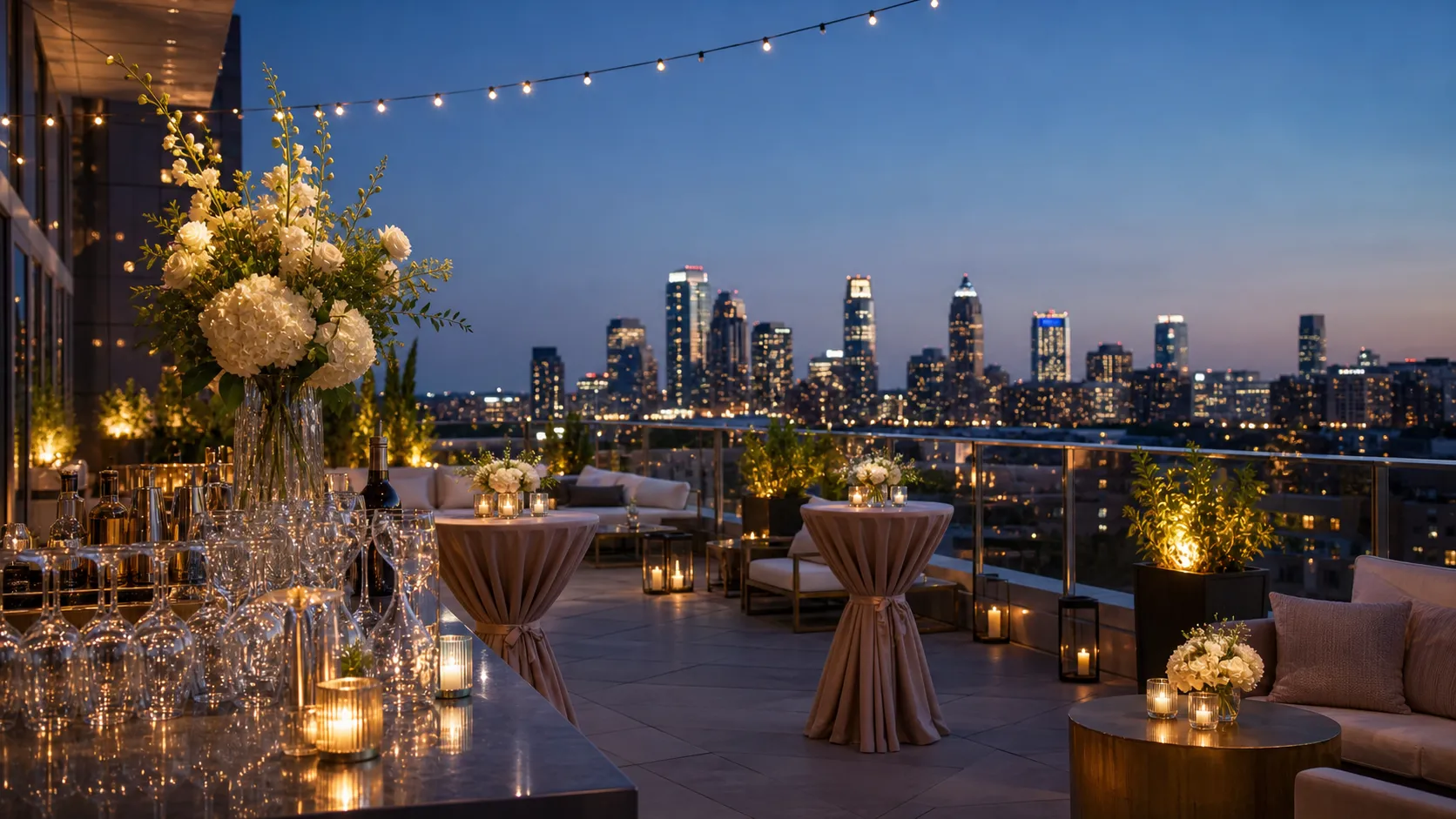 Rooftop cocktails at blue hour, guests gathered against a city skyline