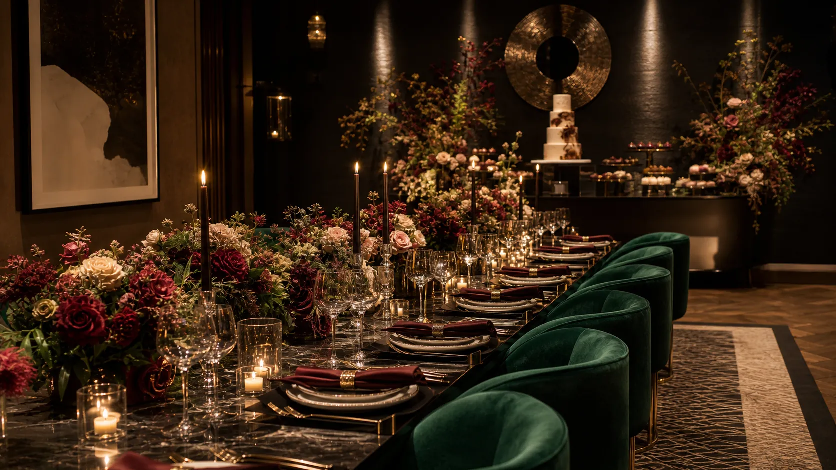 A black marble dinner table with emerald velvet chairs and dark florals