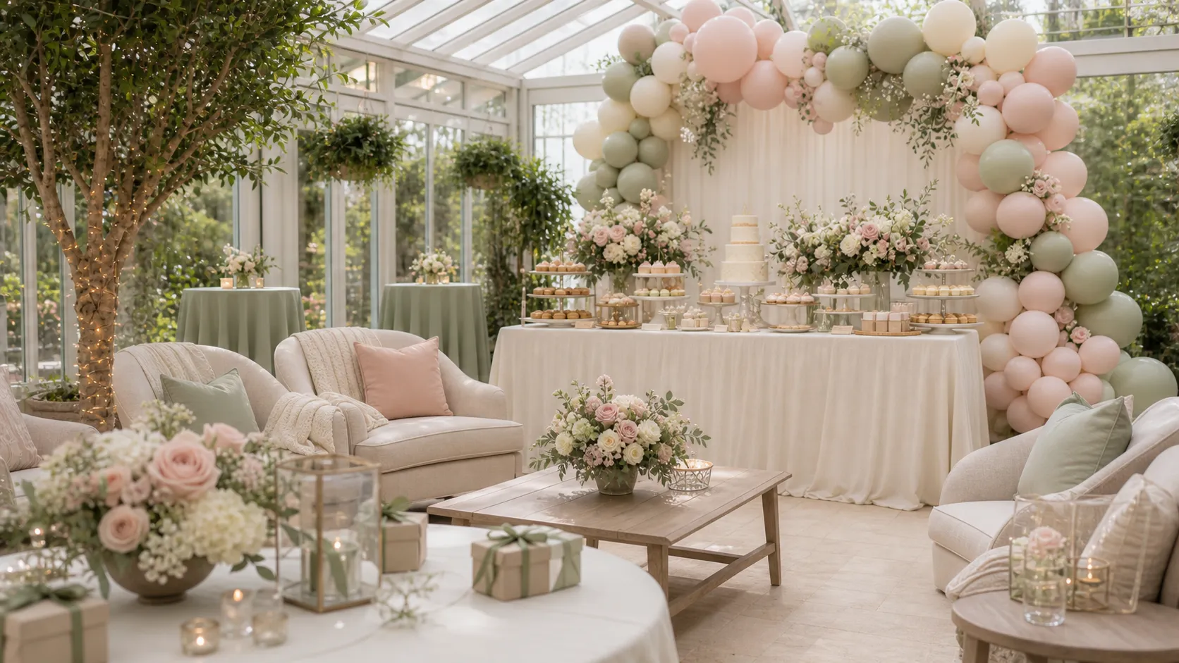 A pastel conservatory baby shower with soft florals, daylight through tall glass