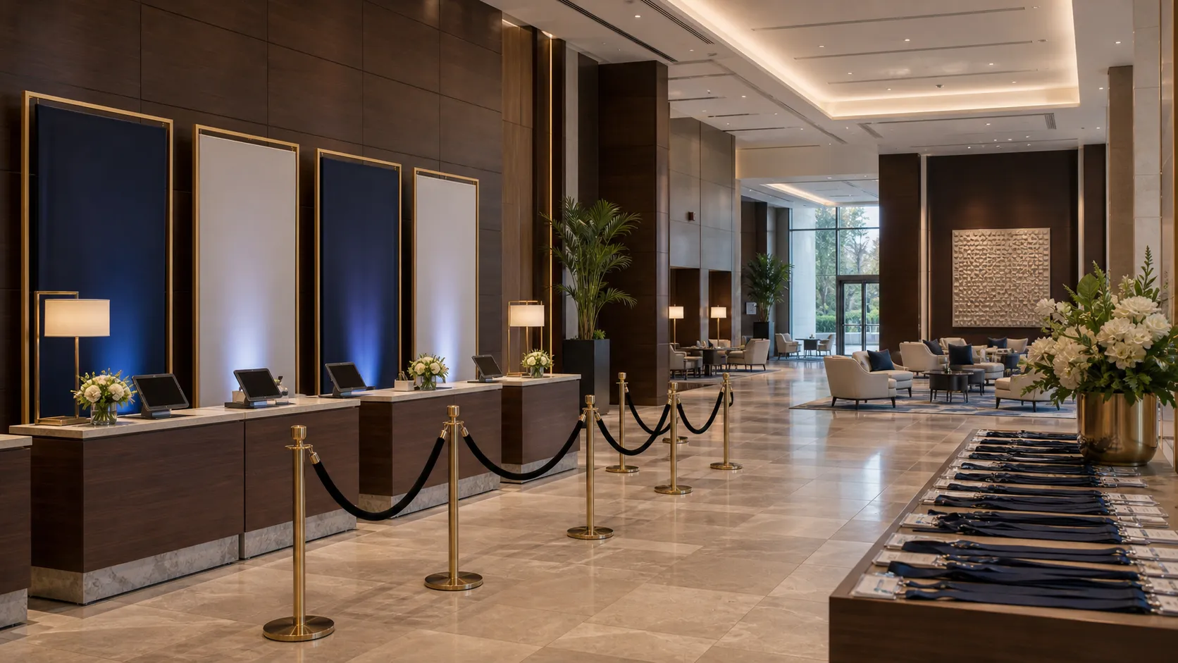 A walnut-and-navy conference registration lounge with seating and signage