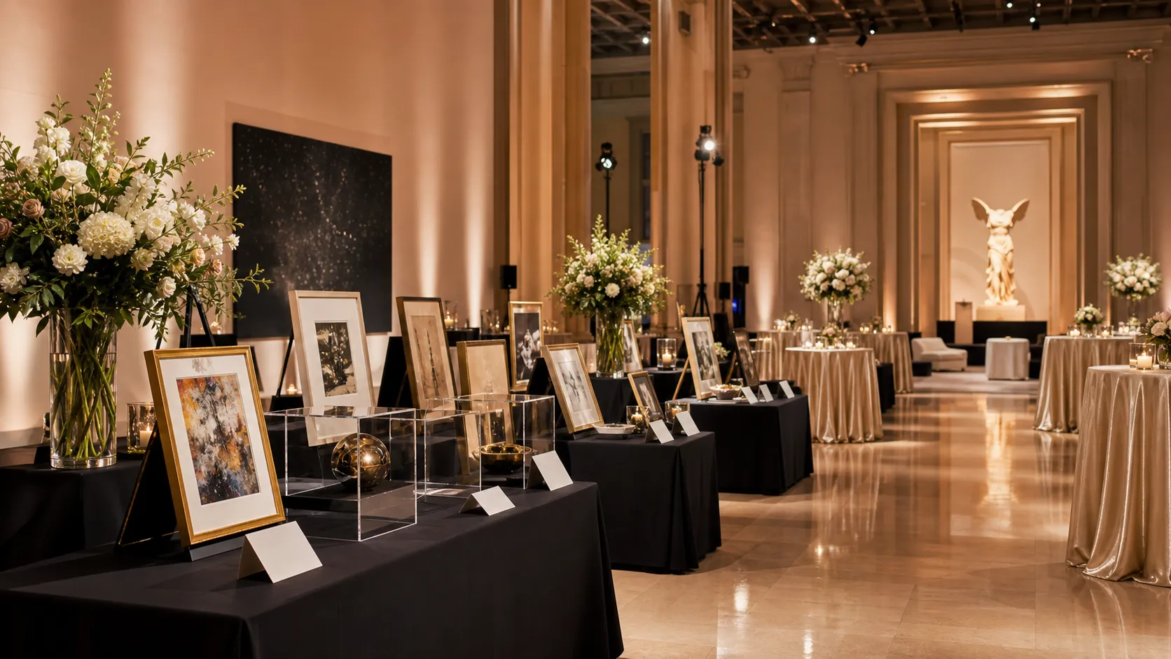 A charity auction in a museum hall, paddles raised under tall arched windows