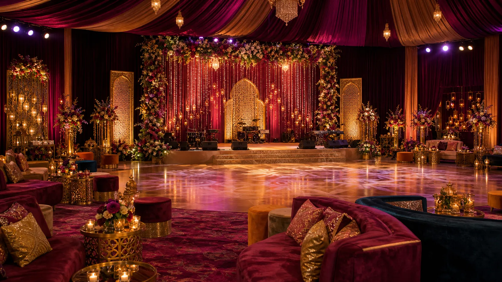 A sangeet night under magenta drapery and brass lamps