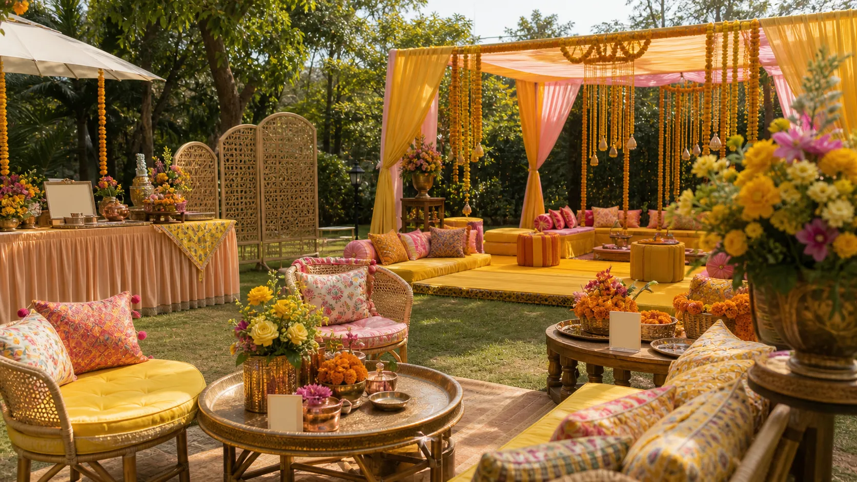 A mehndi garden lit in marigold and pink, low seating and lanterns