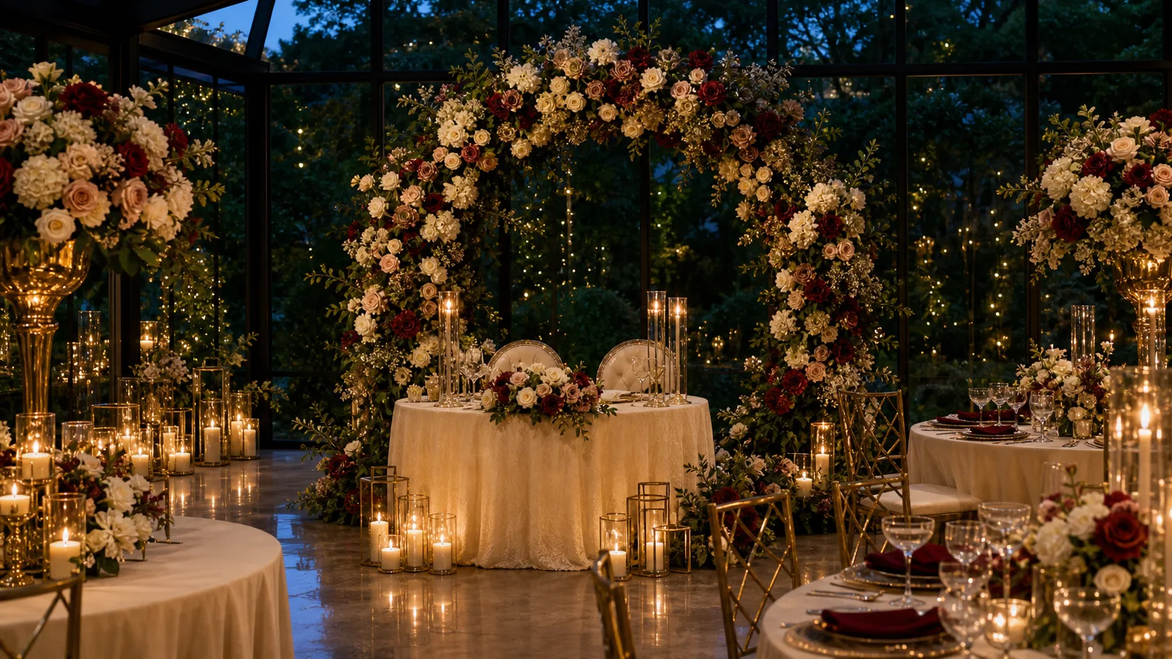 A moon arch of pale roses inside a conservatory, lit for an engagement
