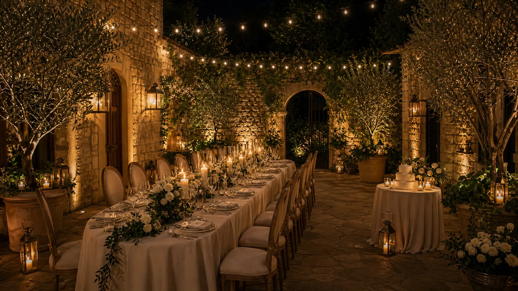 A Tuscan courtyard anniversary dinner under a vine canopy