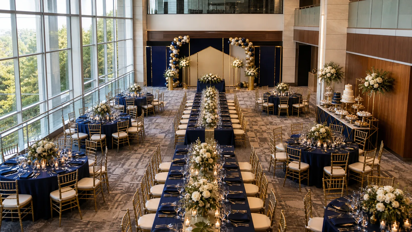 A navy-and-gold banquet atrium dressed and lit, before the guests arrive