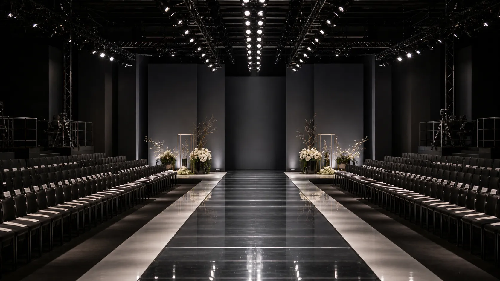 A monochrome fashion runway lit hard against darkness, an empty catwalk before the show