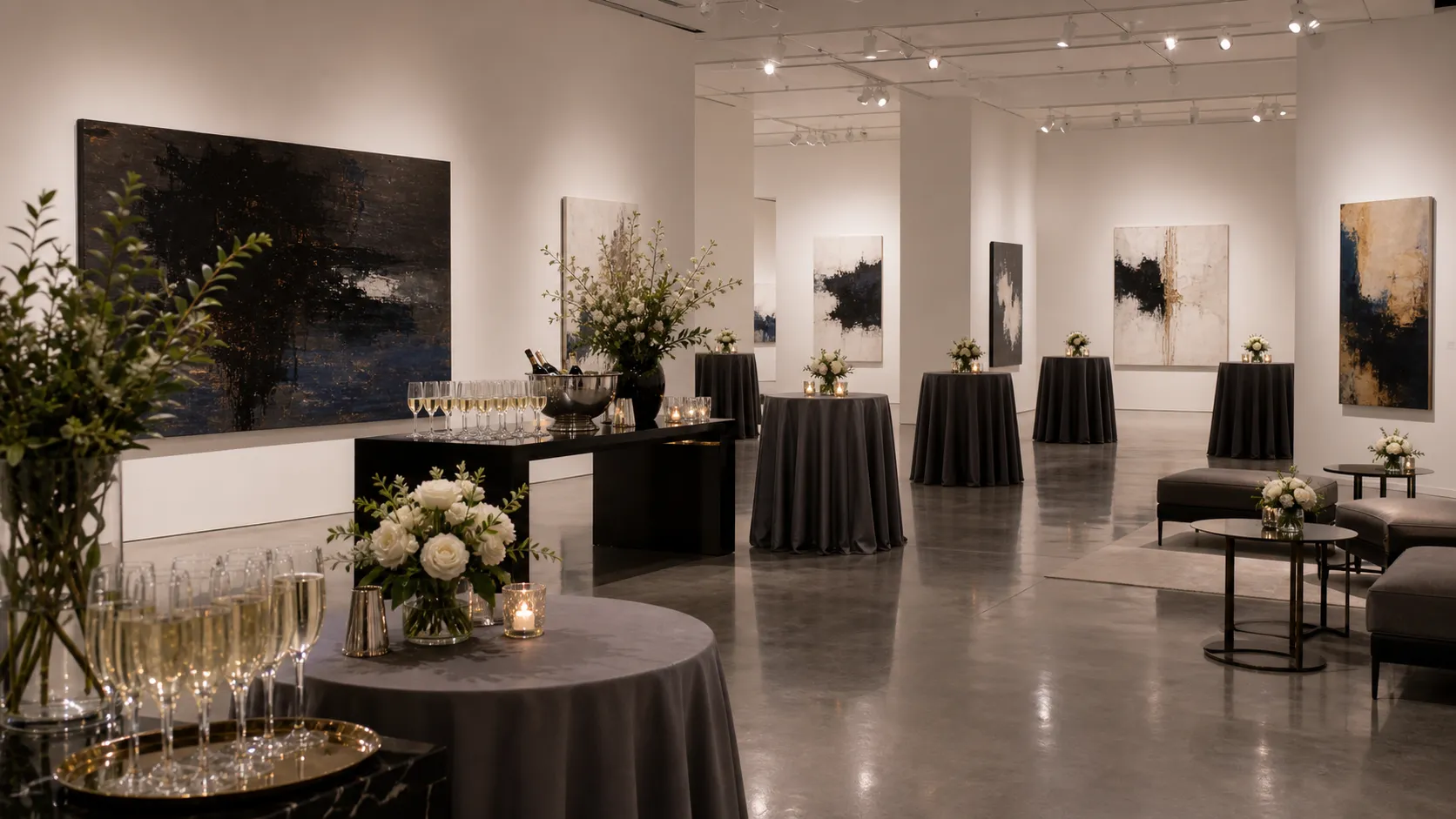 A candlelit gallery vernissage, guests in conversation under warm light
