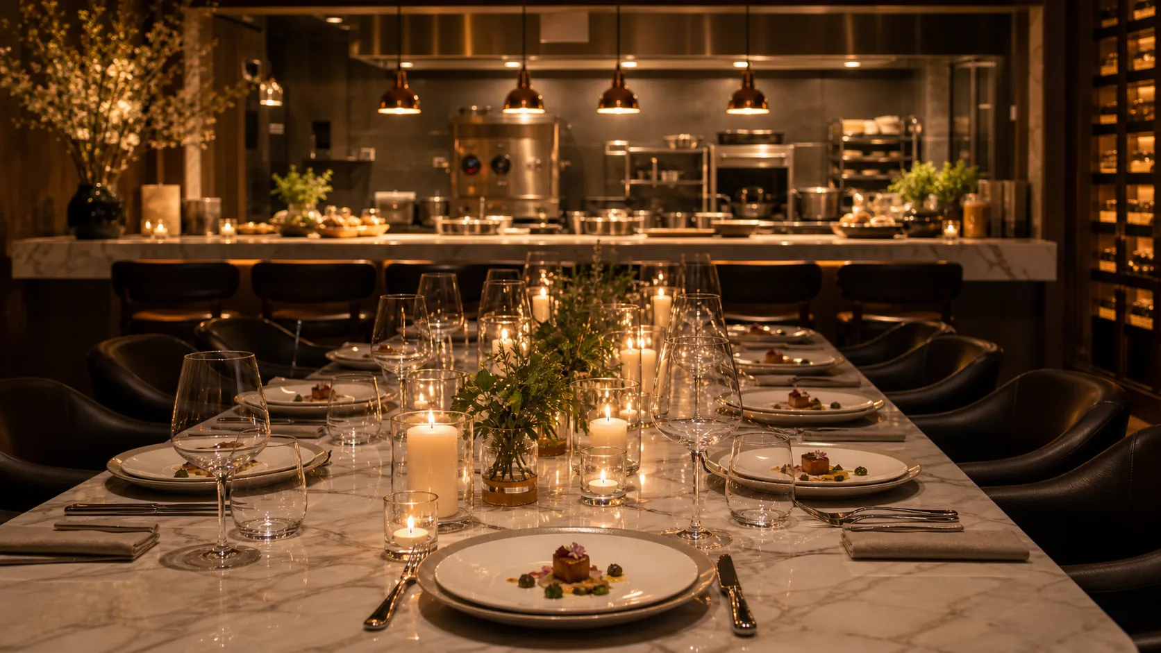 A private chef's marble dining table lit by candlelight, plated courses mid-service