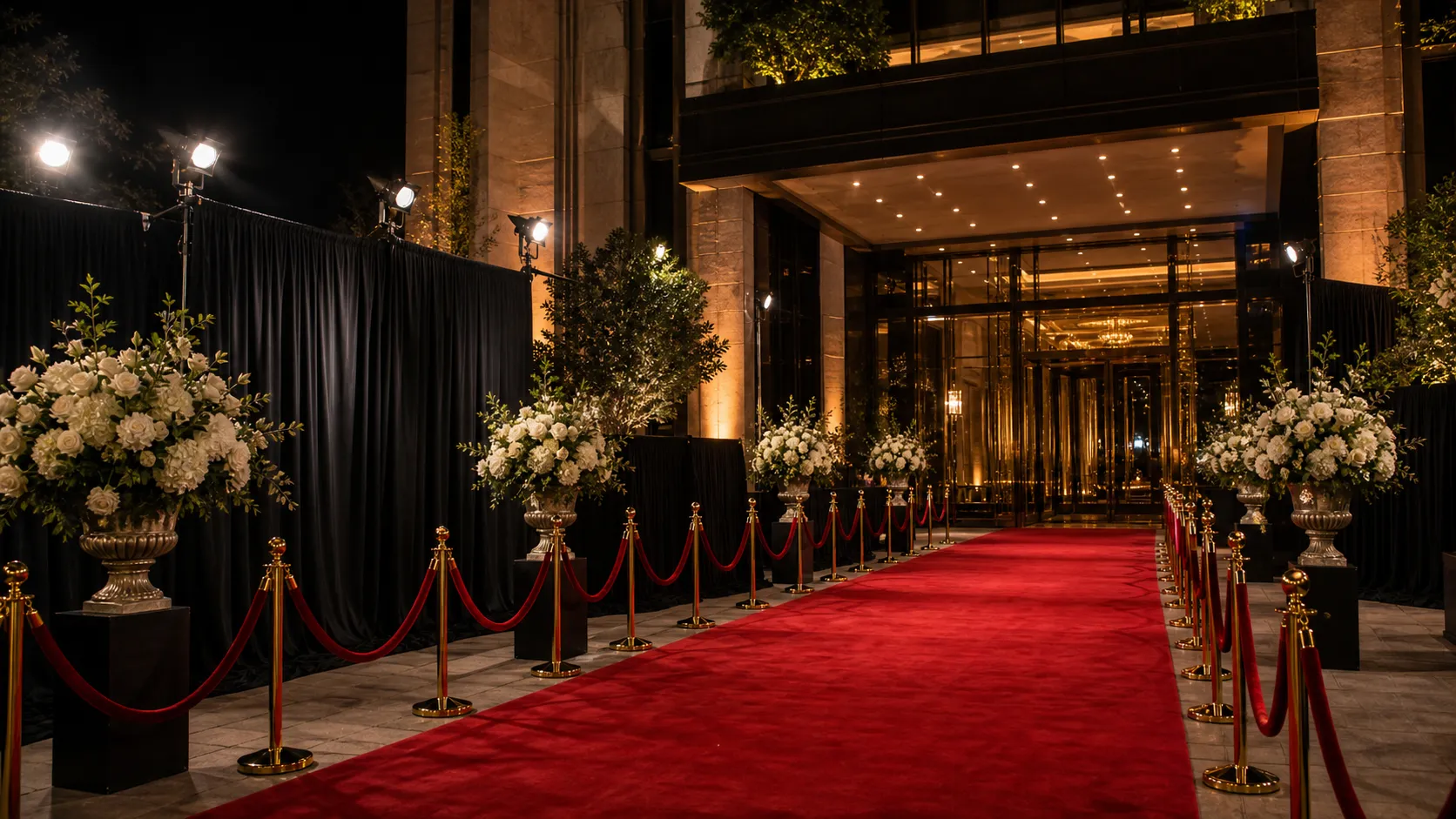 A red-carpet arrival at night, beams of light and dark glamour at the door