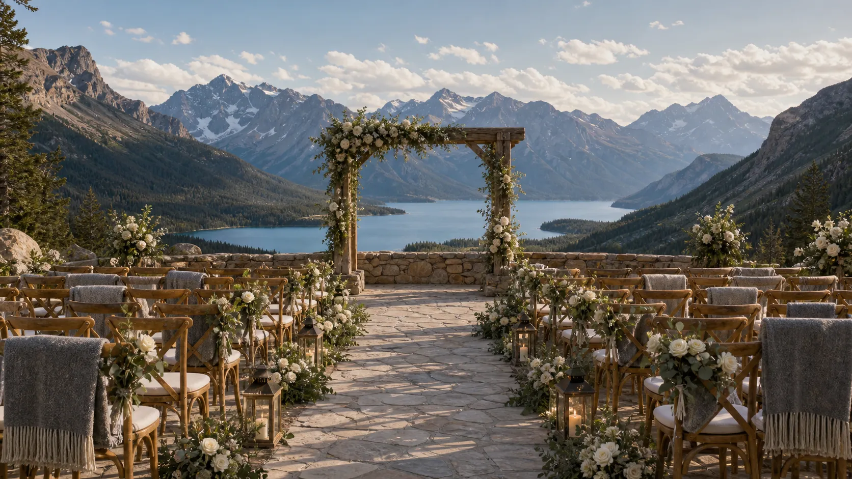 An alpine lake ceremony at golden hour, mountains reflected in still water