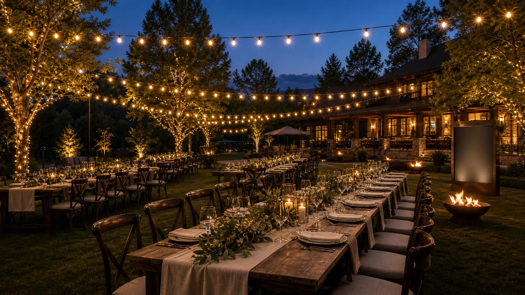 A long table under criss-crossed string lights at a night build