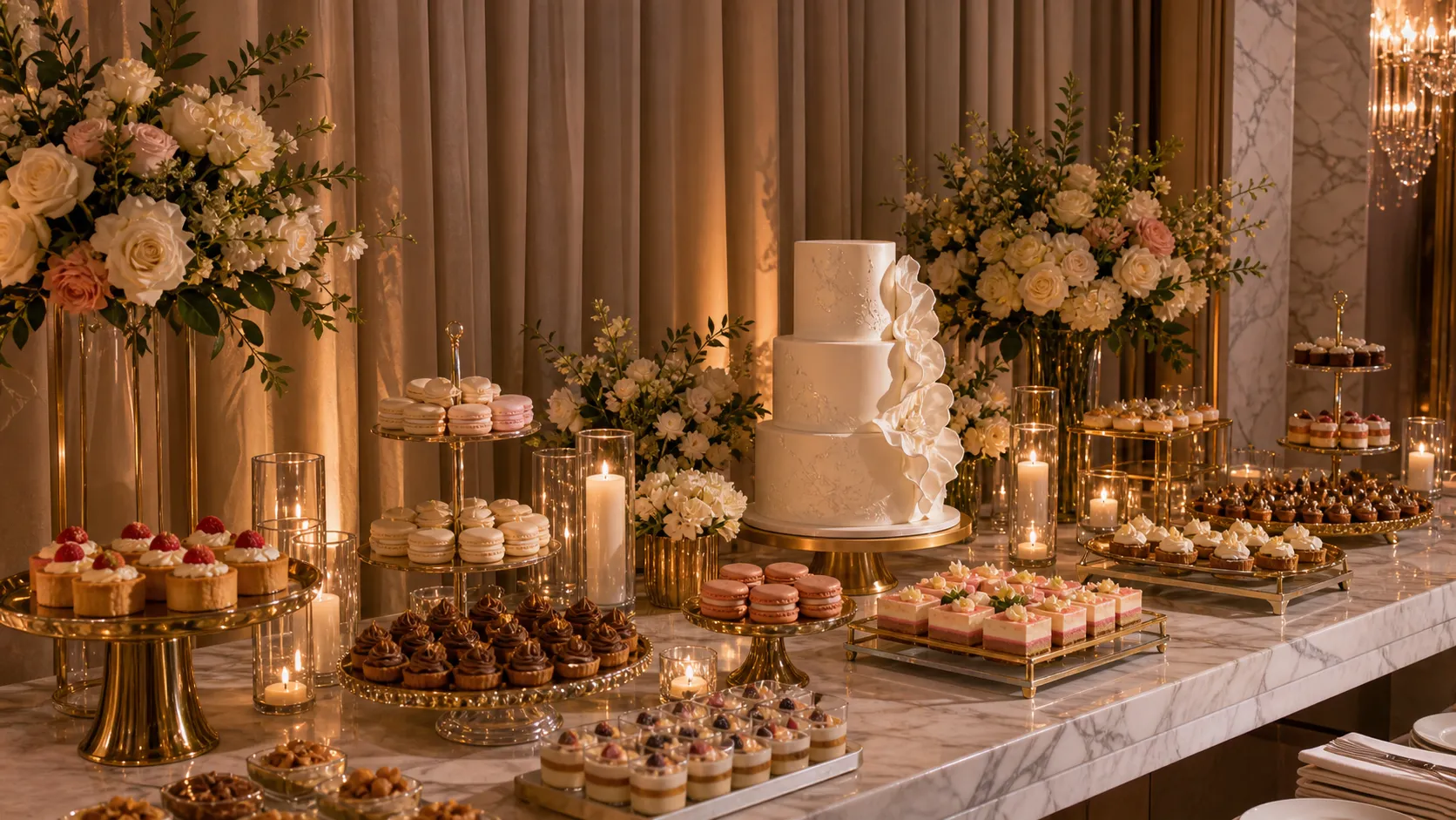 A dessert table on marble, candles and small plated sweets in low light