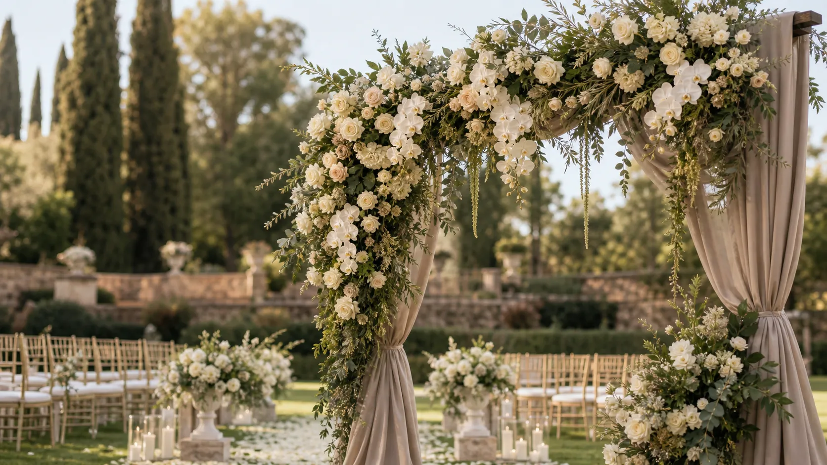 A close study of a floral arch, pale roses and ranunculus lit from within