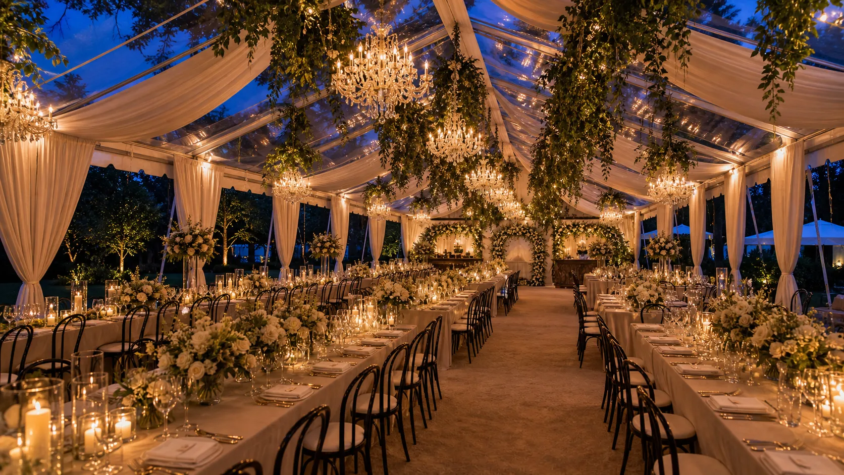 A clear-top marquee at night, chandeliers under a sapphire sky
