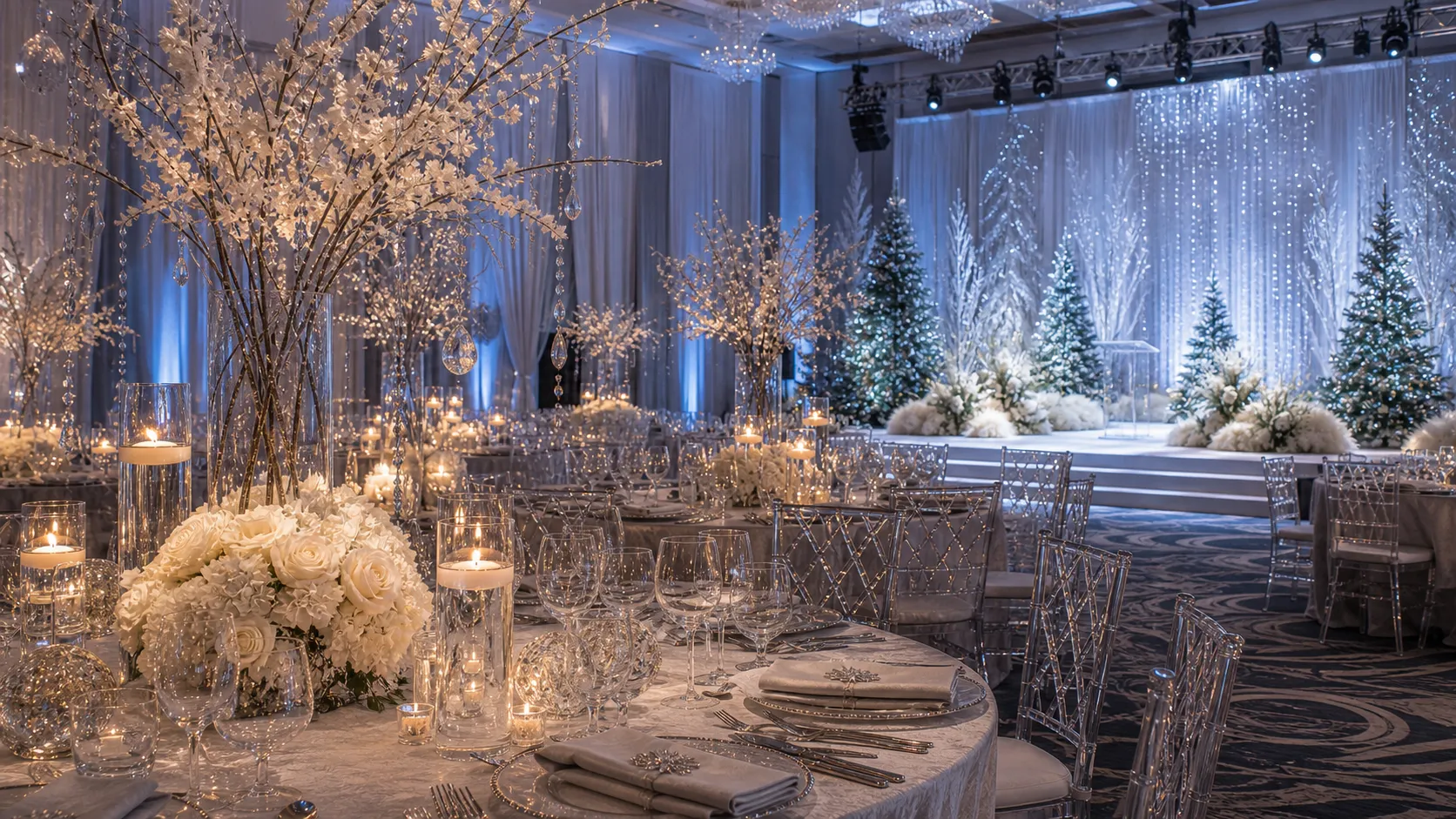 A winter-white gala room, pale florals and candlelight against dark walls