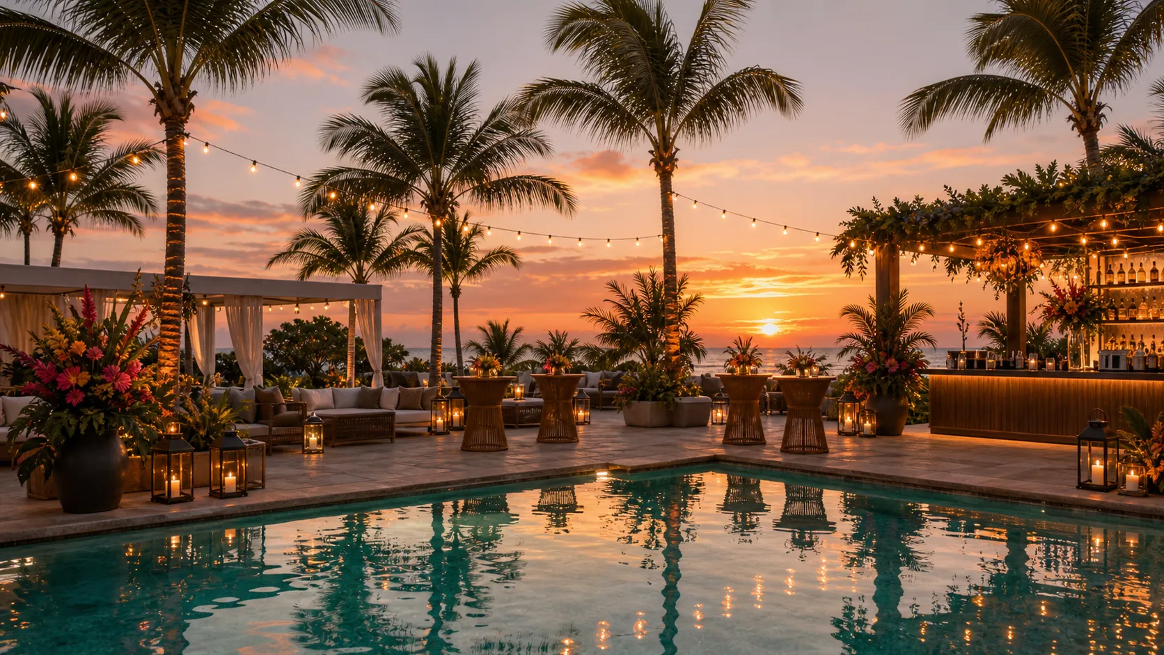 A tropical poolside reception at sunset, lounge seating around water