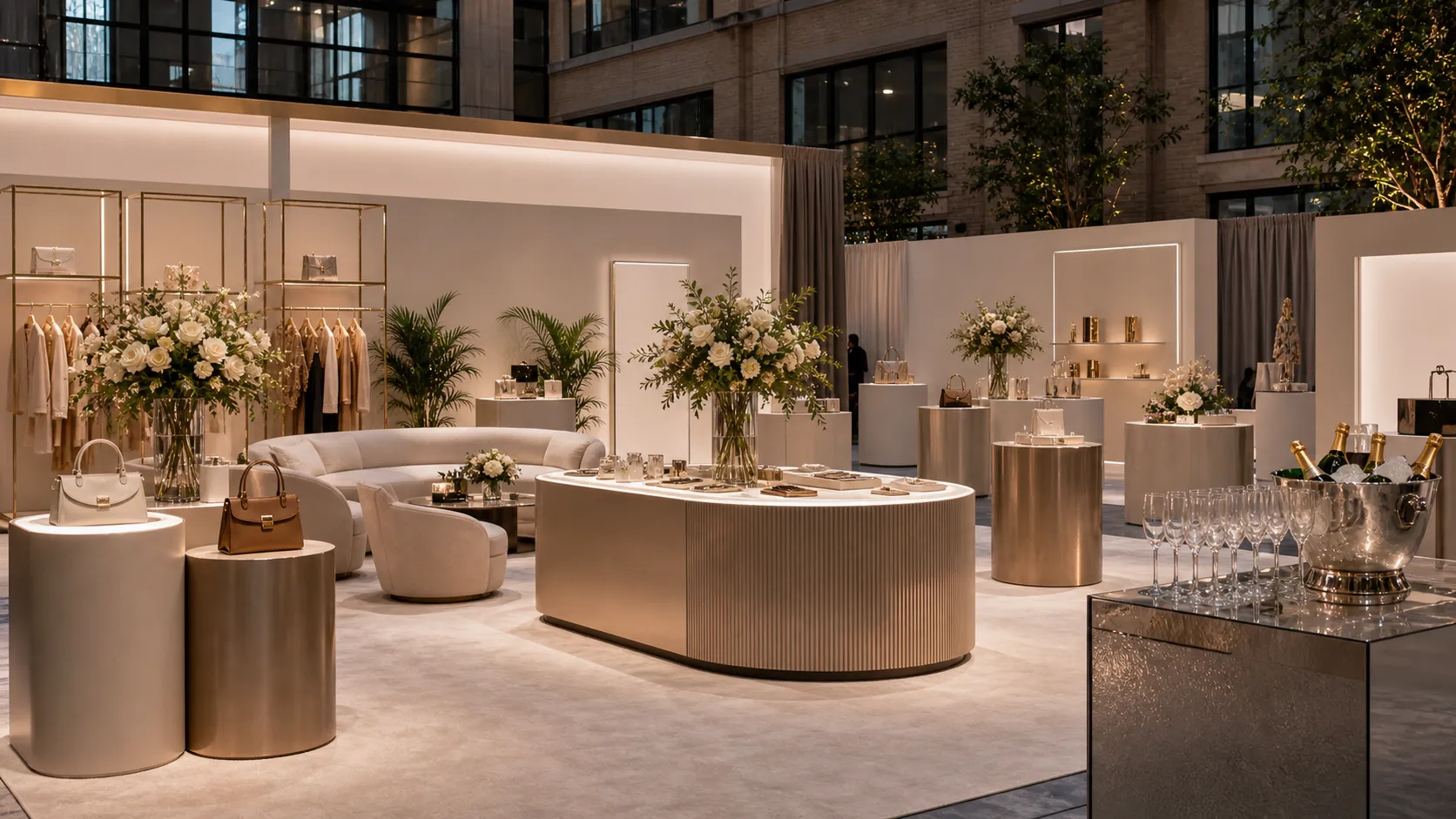 A cream brand pop-up activation in an atrium, clean structures and bright daylight