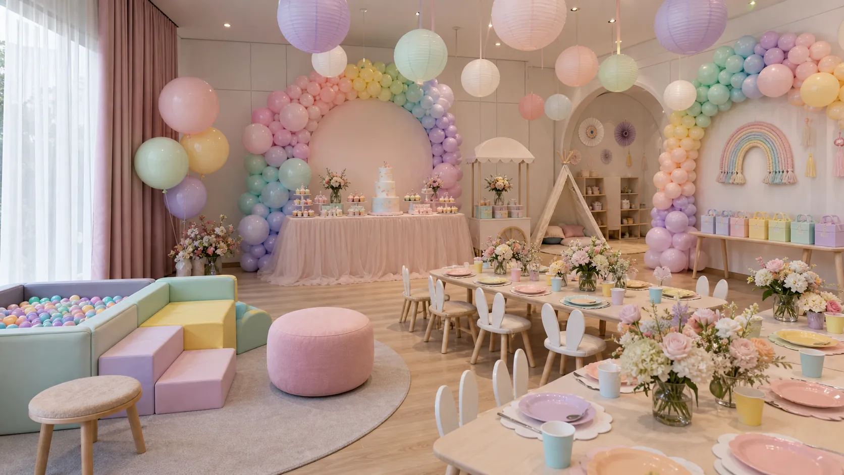 A pastel children's birthday in a garden, paper lanterns and a long low table