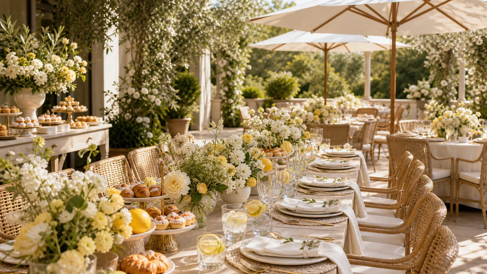 A bright bridal-shower brunch table in lemon and white linen, glasses catching light