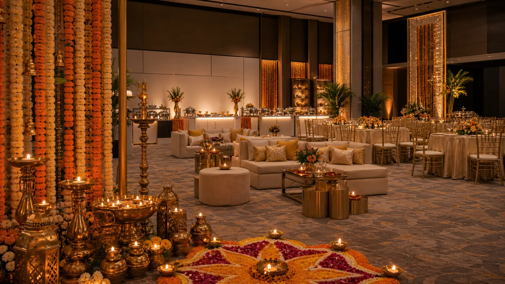 A Diwali corporate lounge in marigold and warm light, lamps and low seating