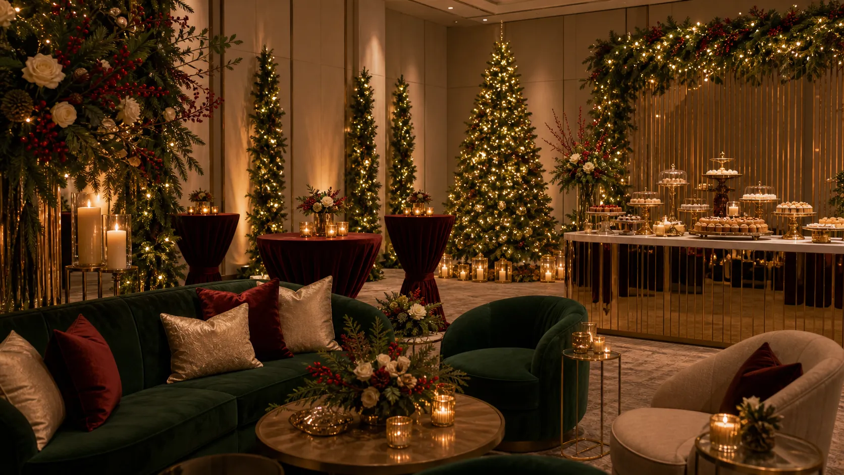 An emerald-and-burgundy holiday party, deep colour and warm light