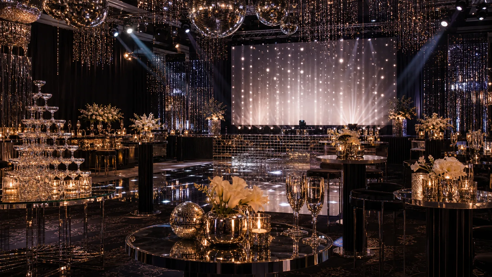 A midnight ballroom with a champagne tower and mirrored floor