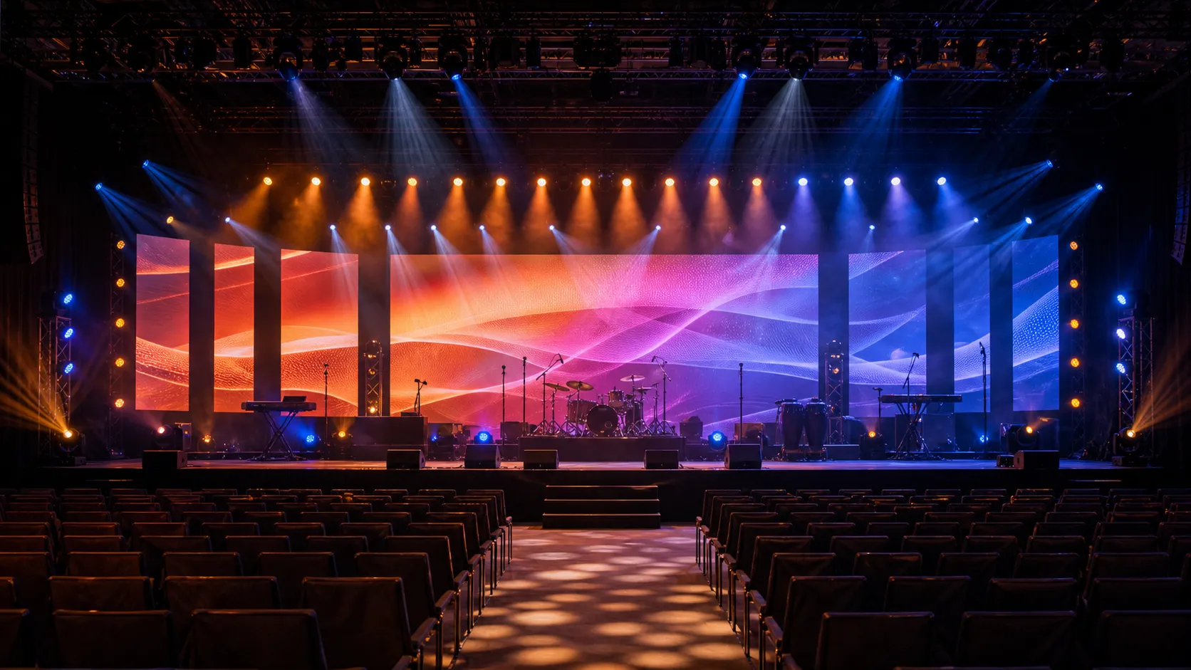 A concert stage burning orange and magenta in an empty hall