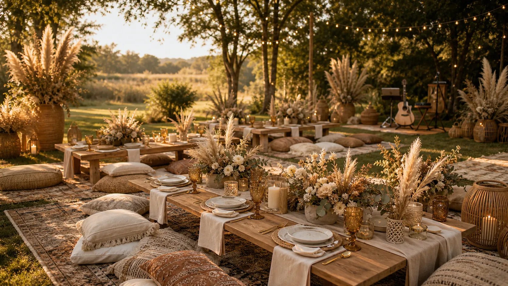 A boho hillside picnic micro-wedding under open sky at dusk