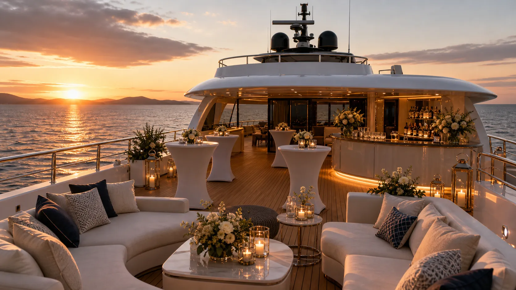 A superyacht cocktail deck at blue hour, low lounge lighting