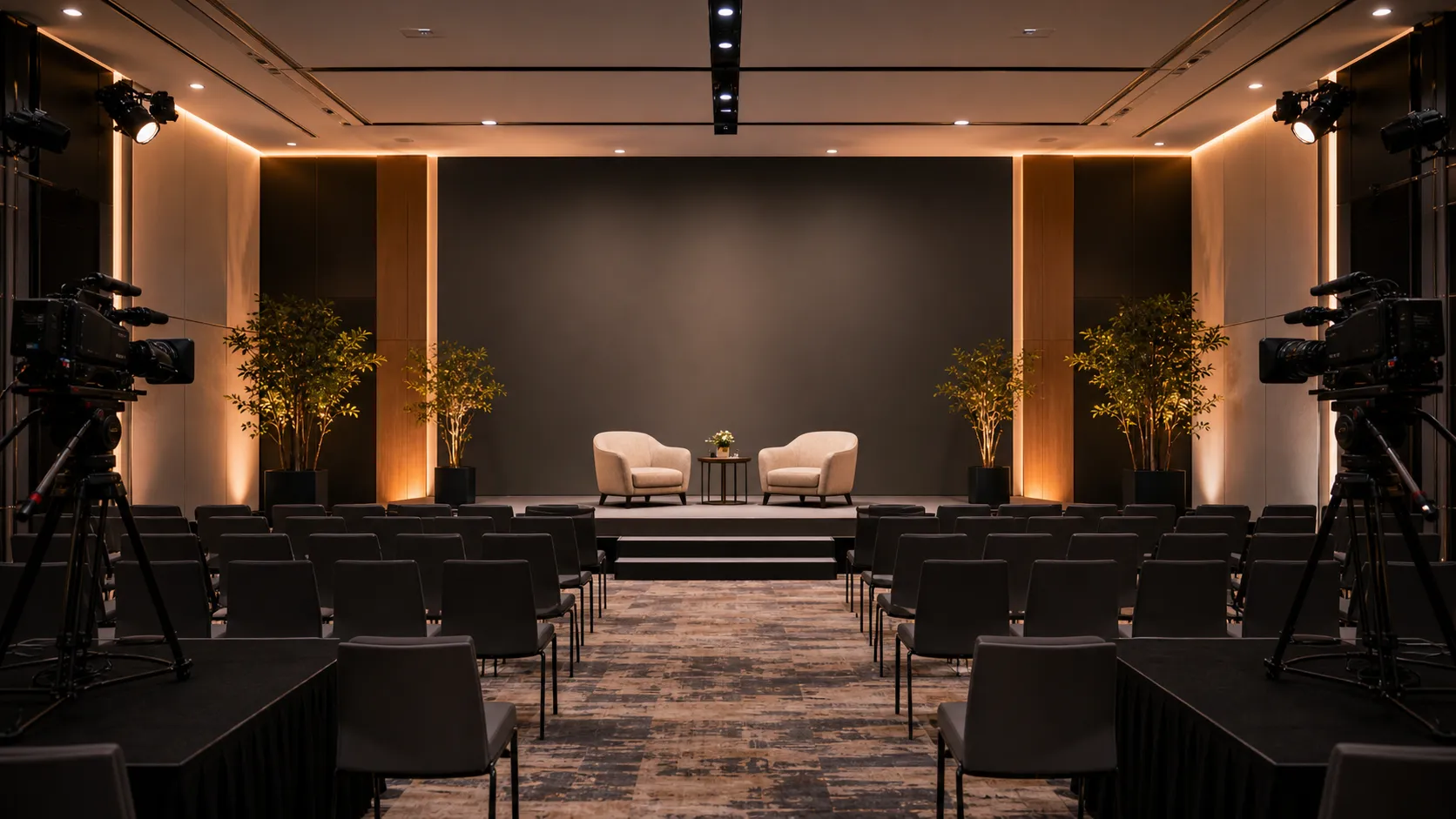 A charcoal-and-amber press-launch room set with rostrum and seating