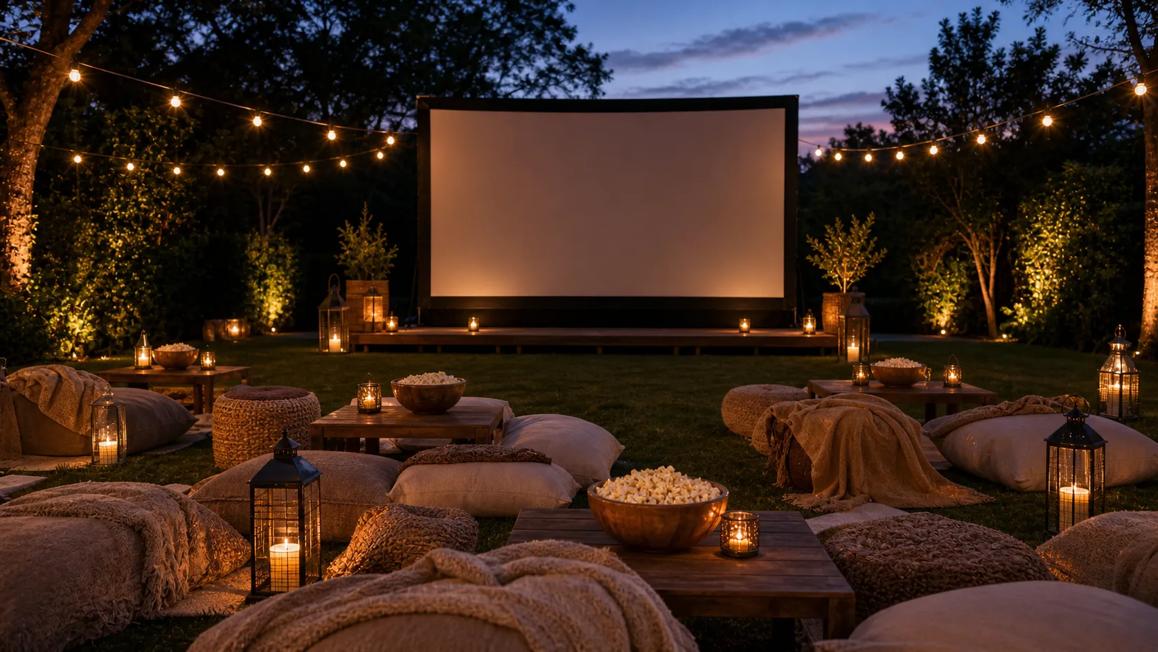 An outdoor cinema at dusk, festoon lights and a glowing screen