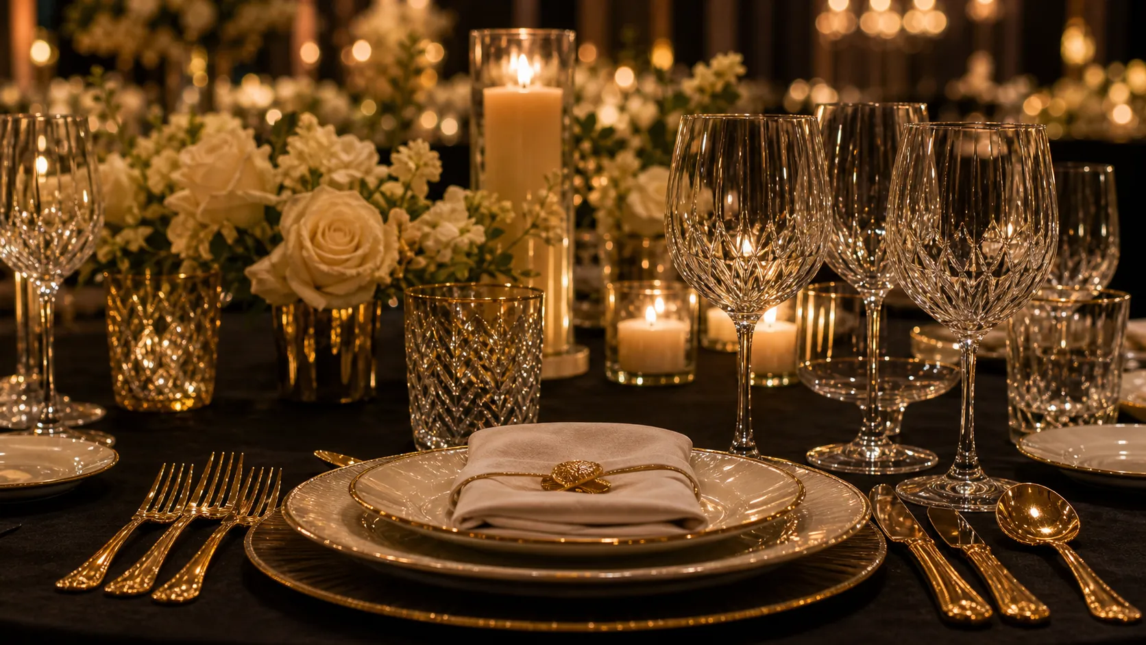 A gold-rimmed place setting on black linen, lit by candle