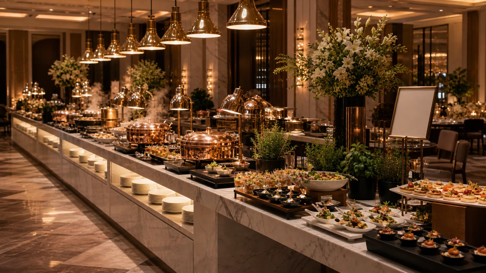 A copper buffet station glowing warm in a dark hall, the midnight table
