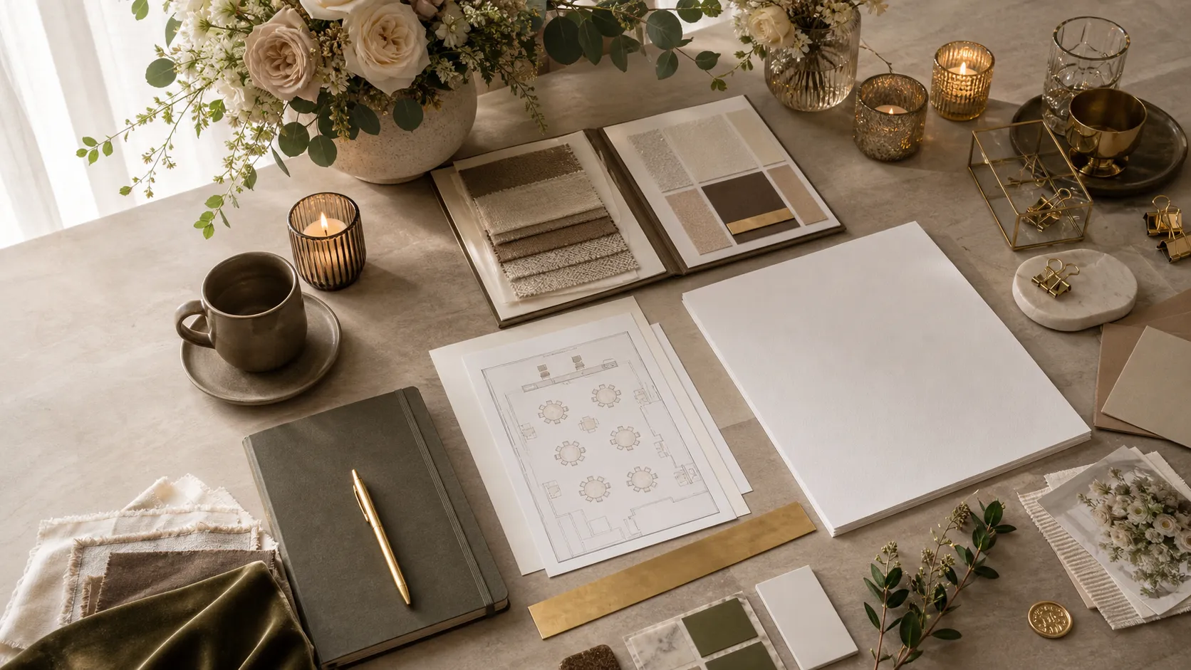 The planning studio: swatch books, a hand-drawn floor plan, fabric and flowers