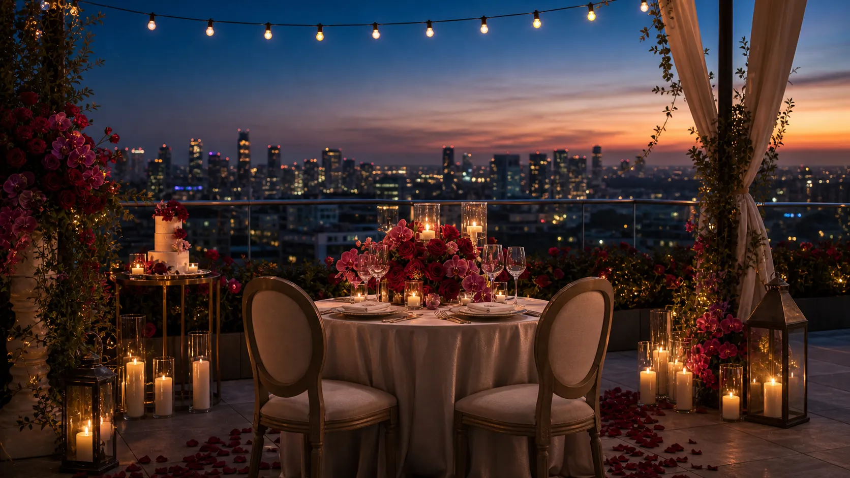 A rooftop dinner for two at dusk, a small table of candles against the city skyline