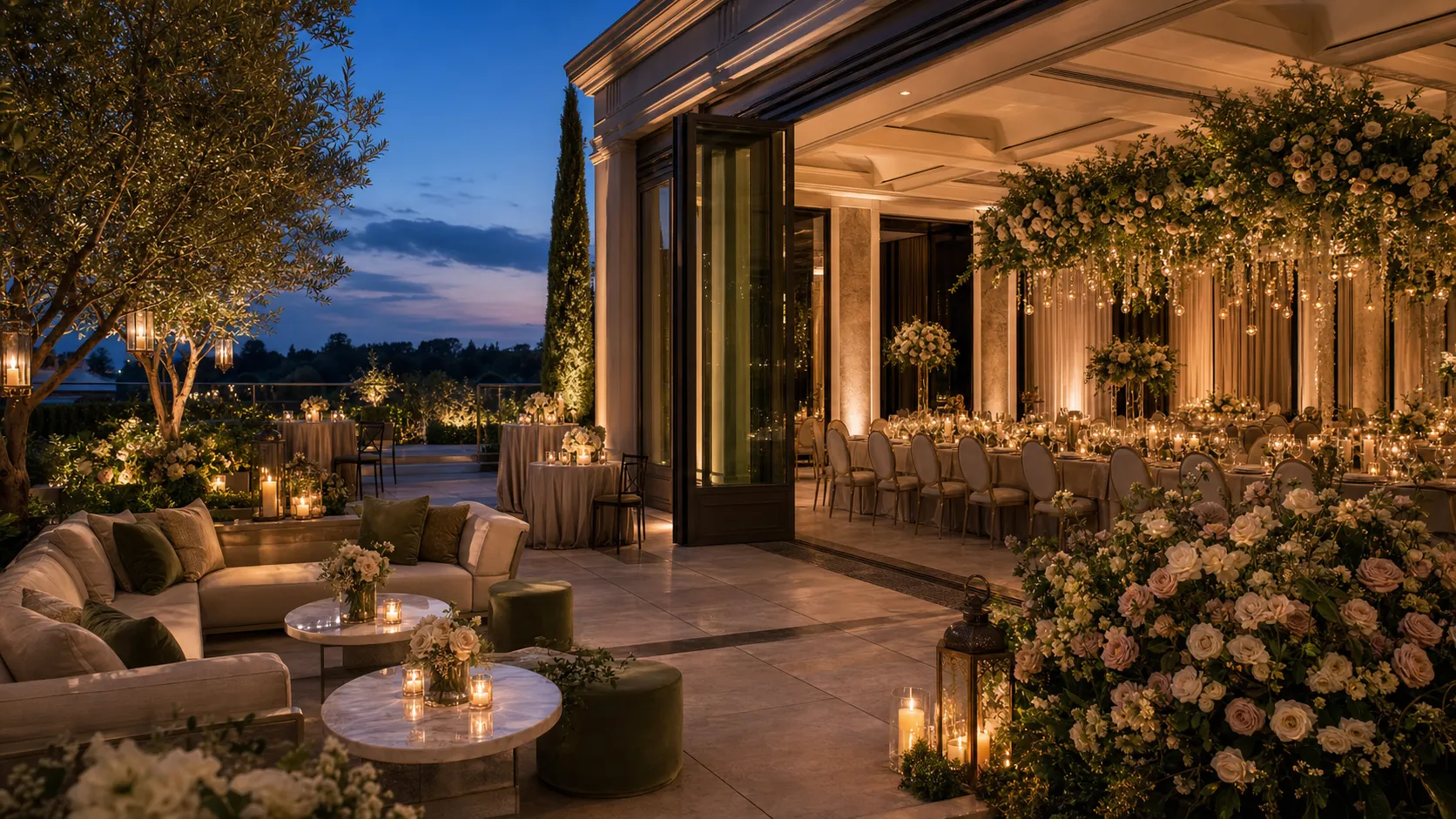A dusk pavilion reception, one long table under candlelight