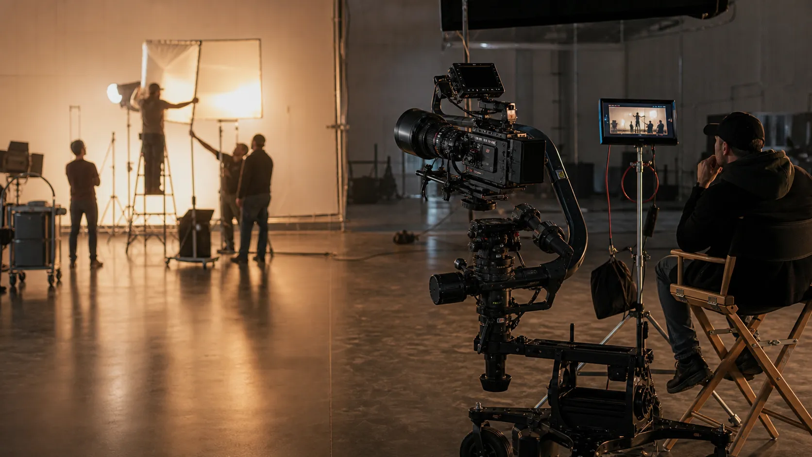 A camera crew on a studio floor